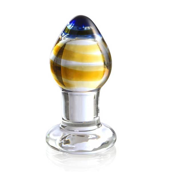 Quality Crystal Glass Butt Plug – Sunset Yellow and Blue Swirls 2